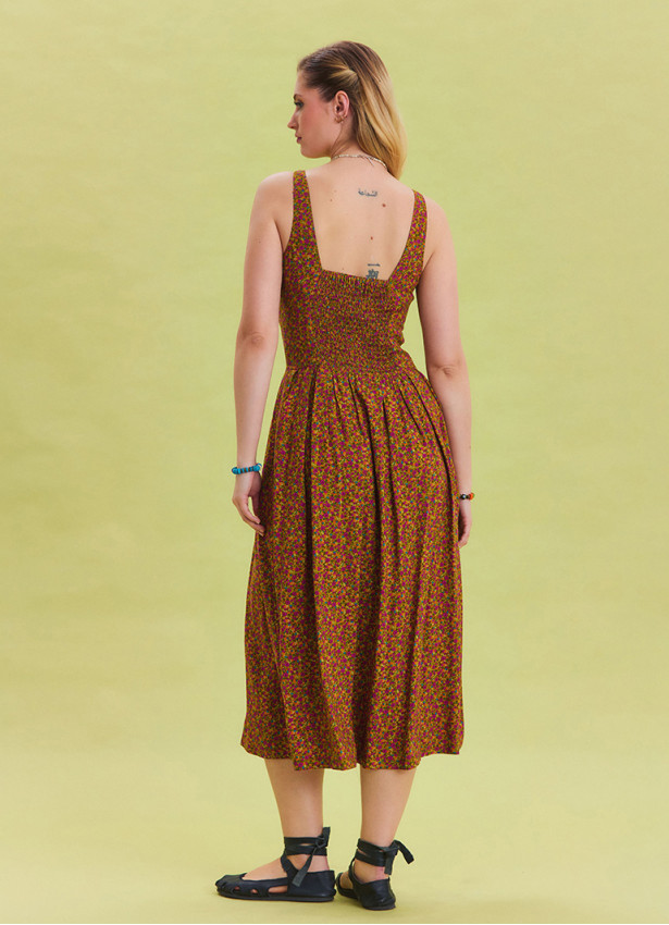 Thick Straped Buttoned Green Floral Dress 4541